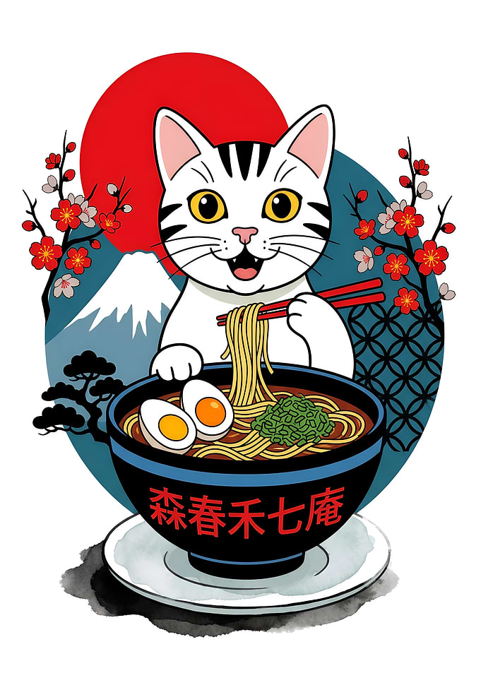 Cute Cat Eating Ramen japanese Food Illustration