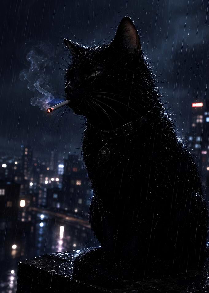 Noir Black Cat Smoking in Rain