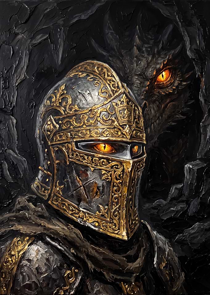 Knight and Dragon in Dark Cave