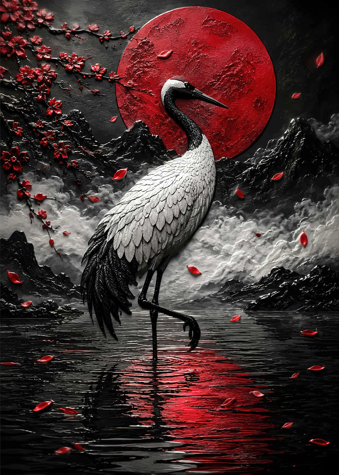 Red Sun Crane Japanese Art