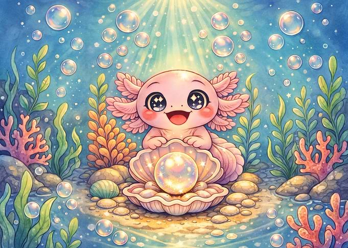 Cute Axolotl with Glowing Pearl