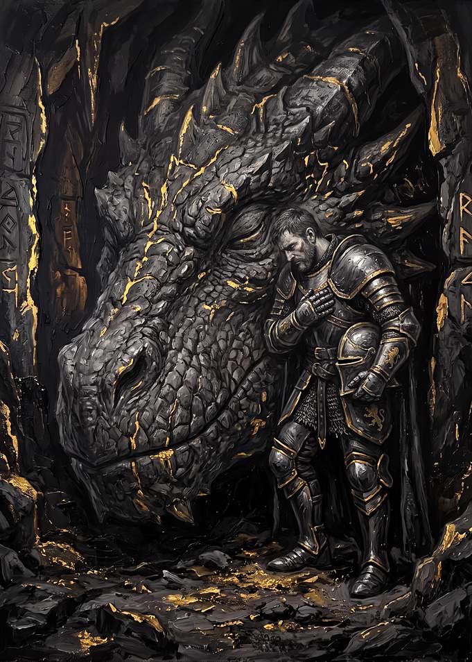Knight and Dragon in Cave