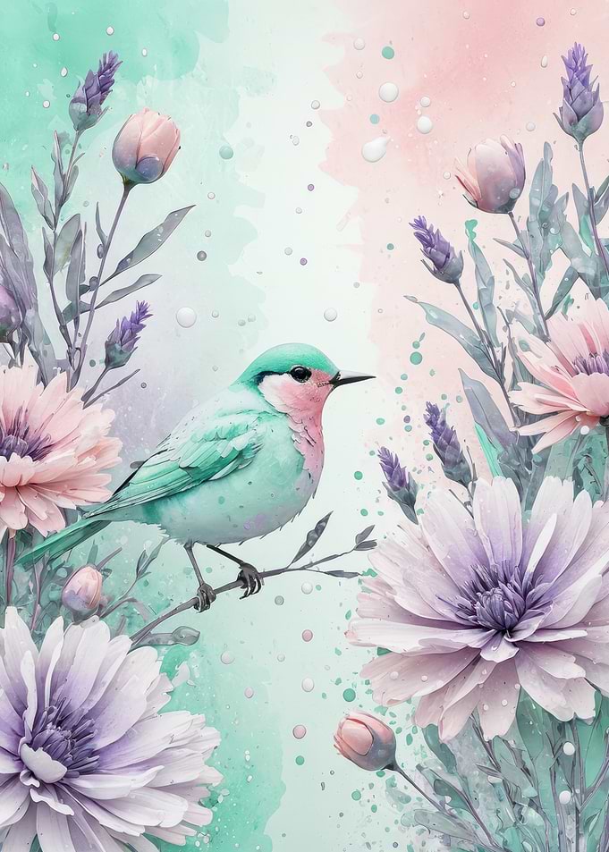 Pastel Bird and Bloom - Soft Watercolor Floral Illustration for Home Decor