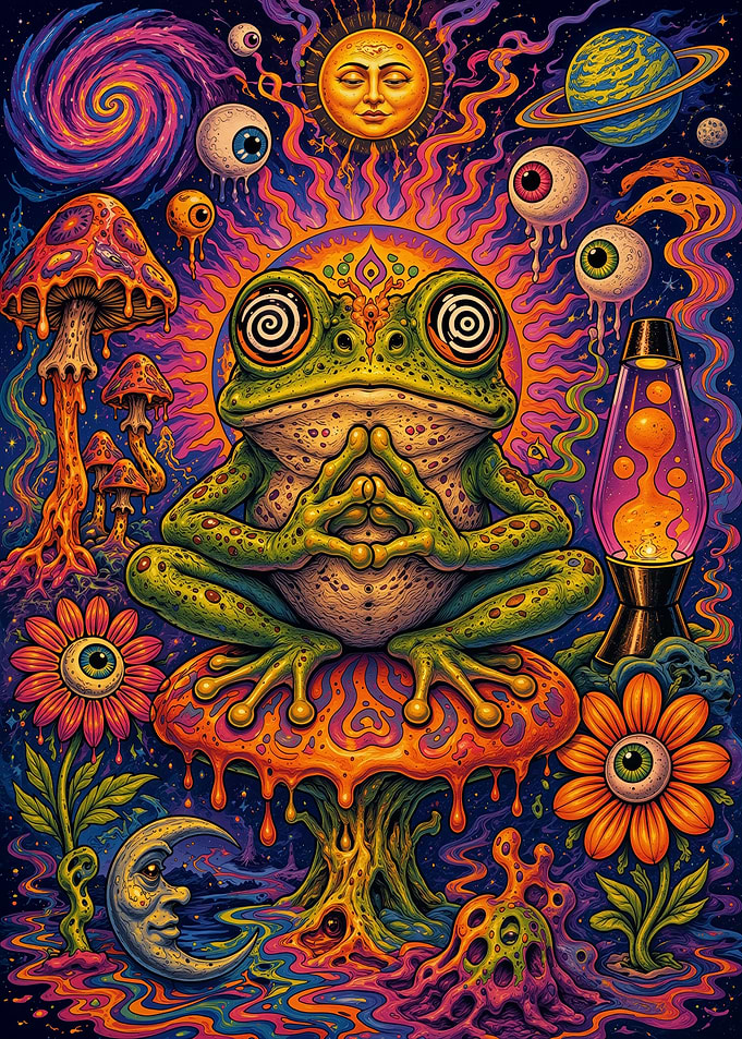 Psychedelic Frog Meditating on Mushroom