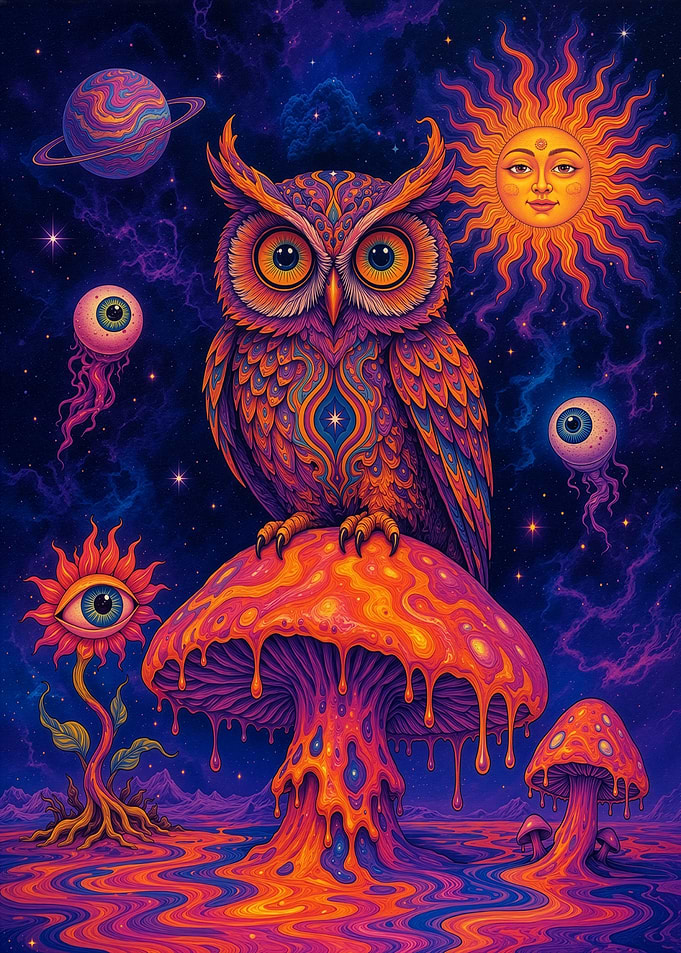 Psychedelic Owl on Melting Mushroom