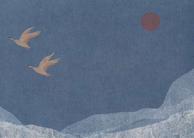 Minimalist Japanese Cranes and Sun