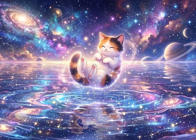 Cute Calico Cat Floating in Space