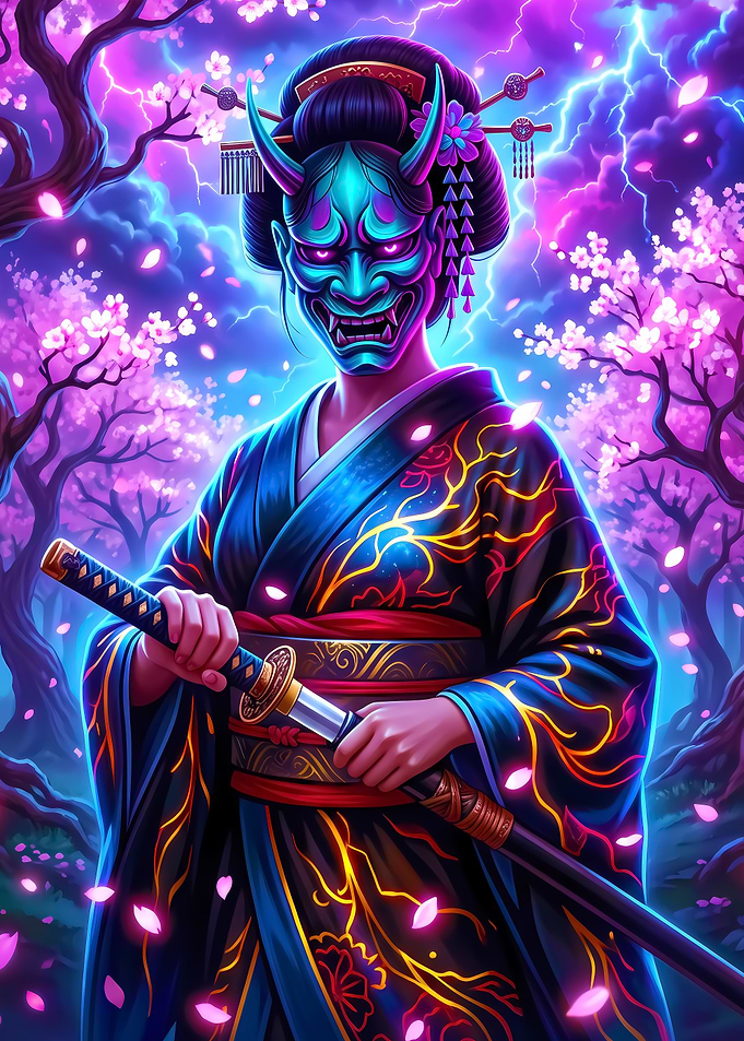 Oni Mask Samurai in Cherry Blossoms