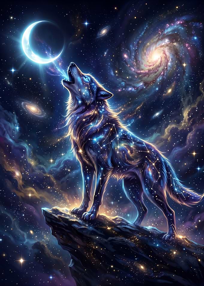 Celestial Wolf Howling at Moon