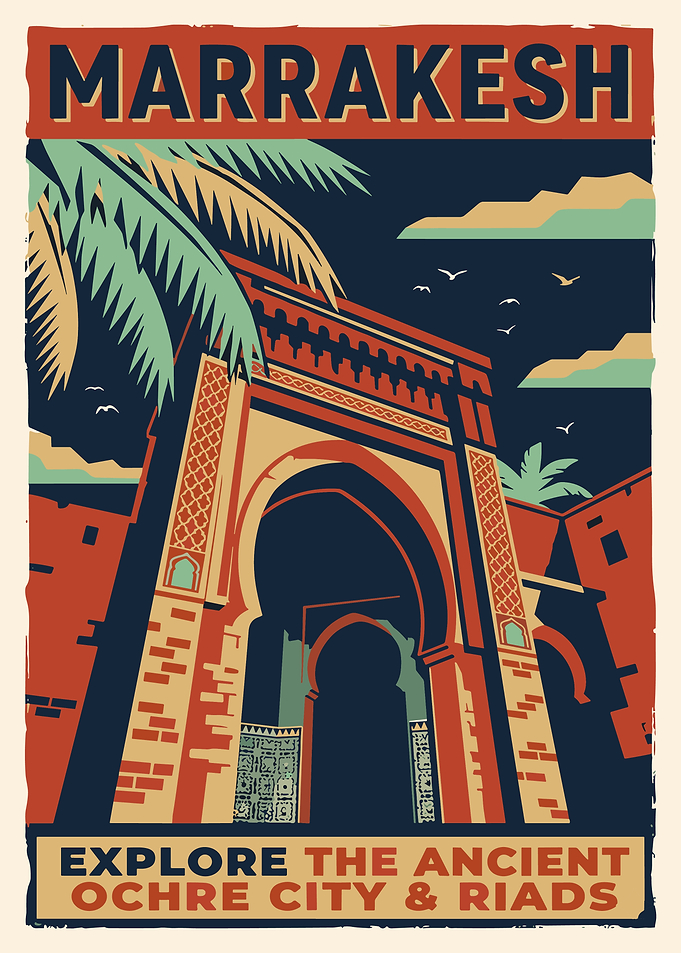 Vintage Marrakesh Morocco Travel Poster | Ochre City Architectural Wall Art