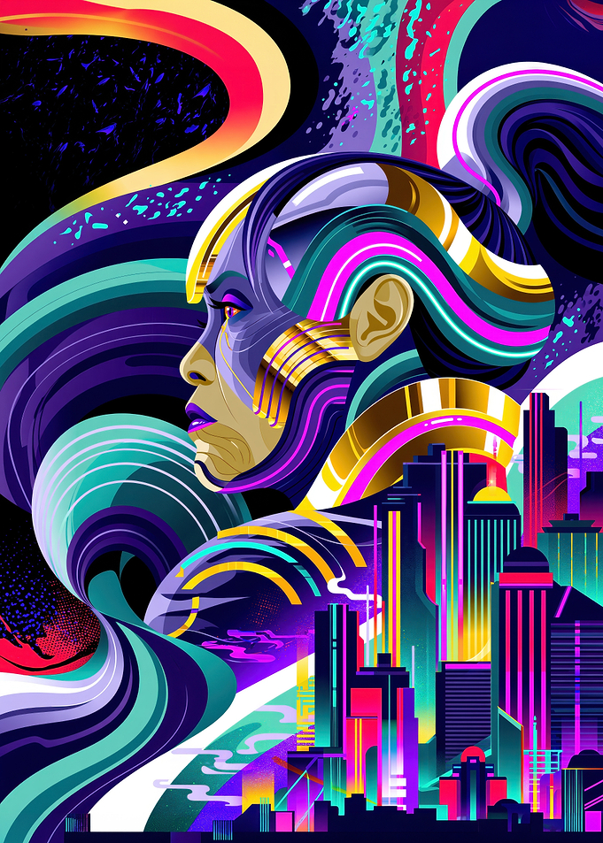 Neon Cyberpunk Woman Portrait and Cityscape Art