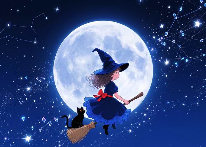 Little Witch Flying with Black Cat