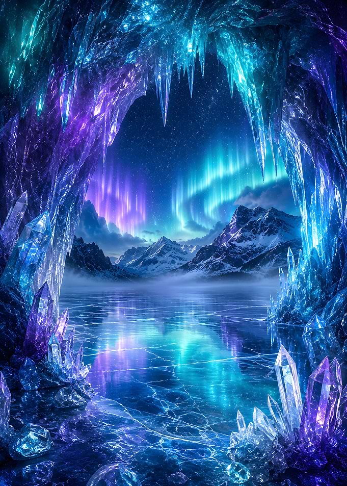 Crystal Cave Under Northern Lights