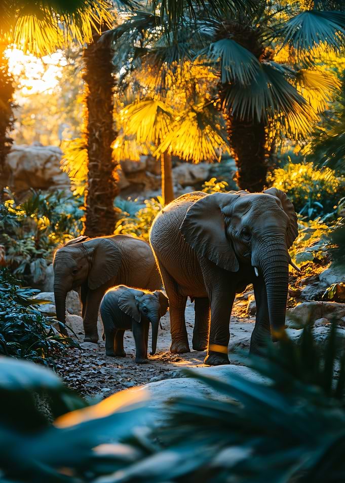 Elephants walking through a golden forest