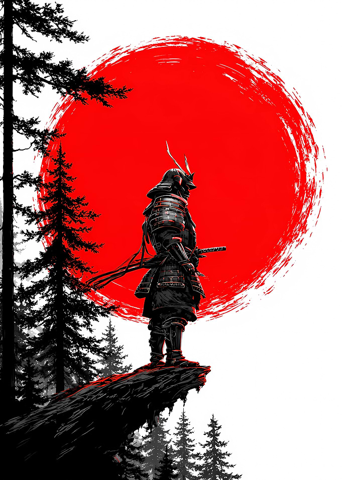 Samurai Standing Before Red Sun