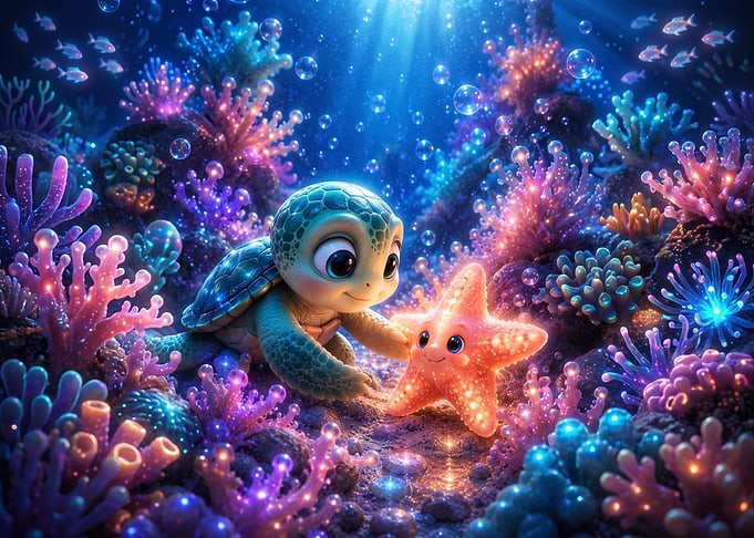 Cute Baby Turtle and Starfish