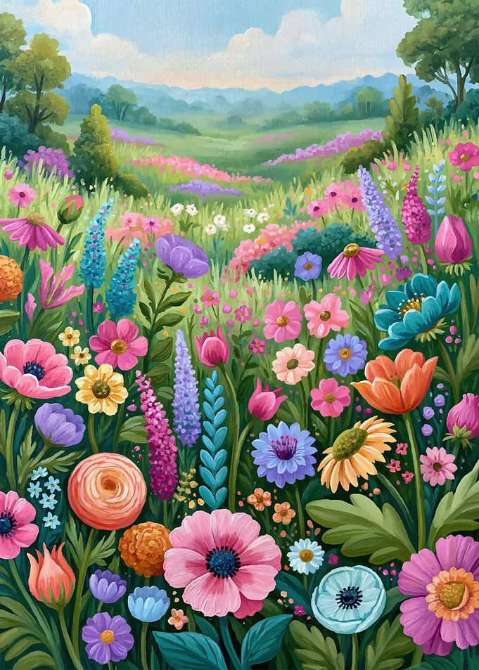 Vibrant Wildflower Meadow Landscape Painting