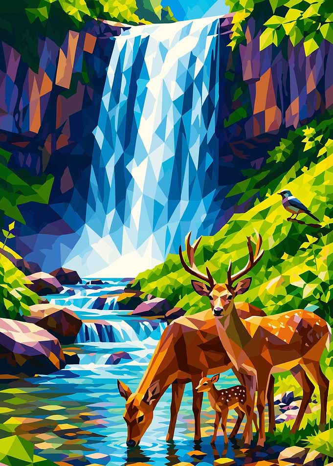 Low Poly Deer Family Waterfall Scene