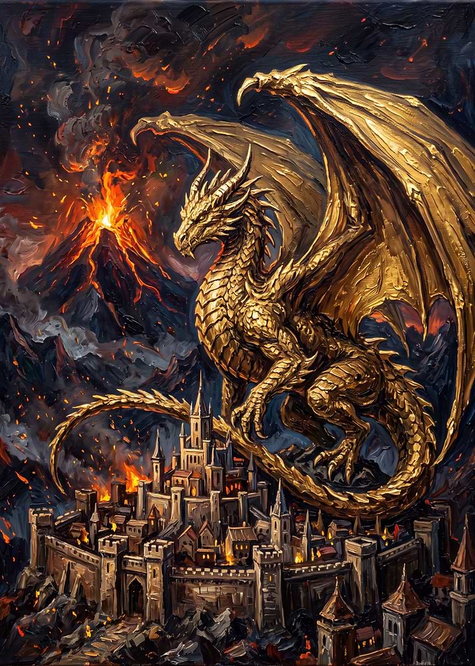 Golden Dragon Over Burning Castle