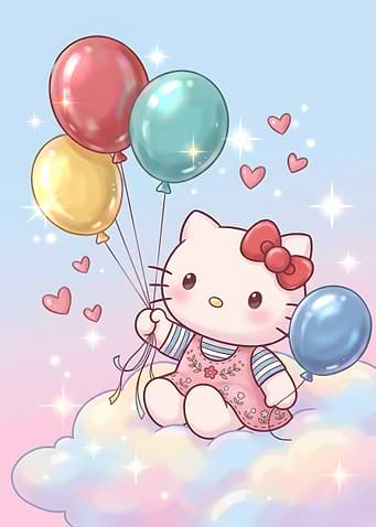 Hello Kitty Floating on Clouds