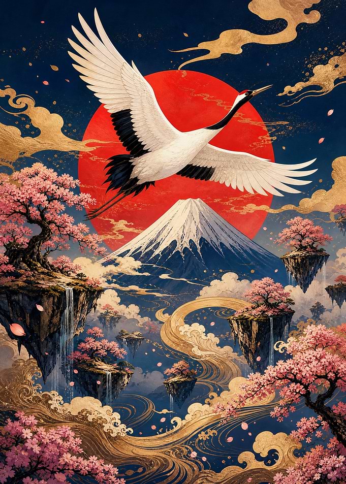 Floating Islands with Crane and Fuji