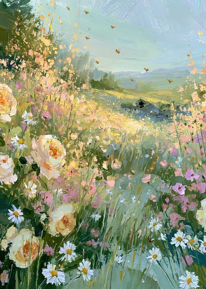 Impressionist Meadow with Bees and Flowers