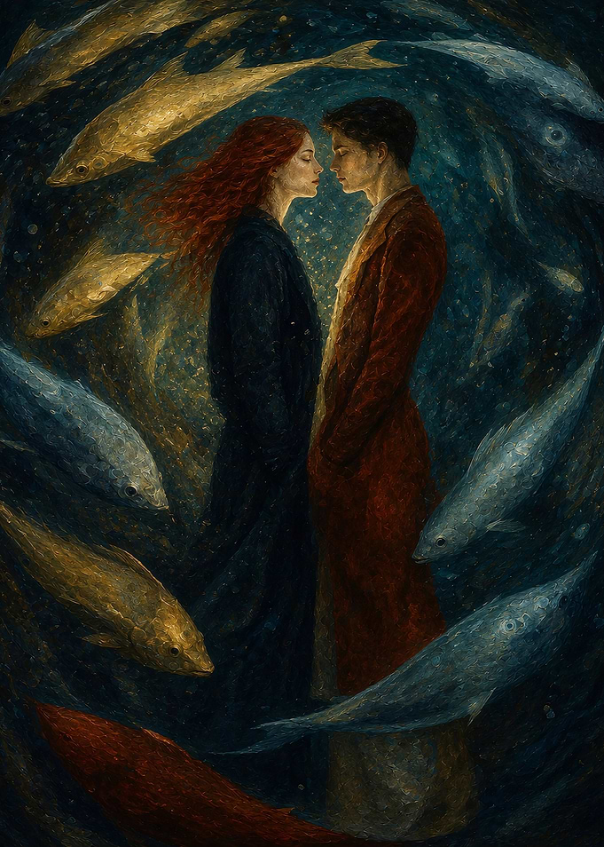Romantic Couple Surrounded by Golden Fish