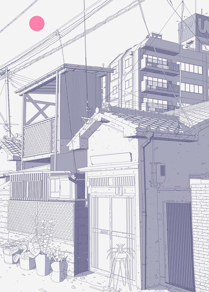 Minimalist Japanese Street Scene Illustration