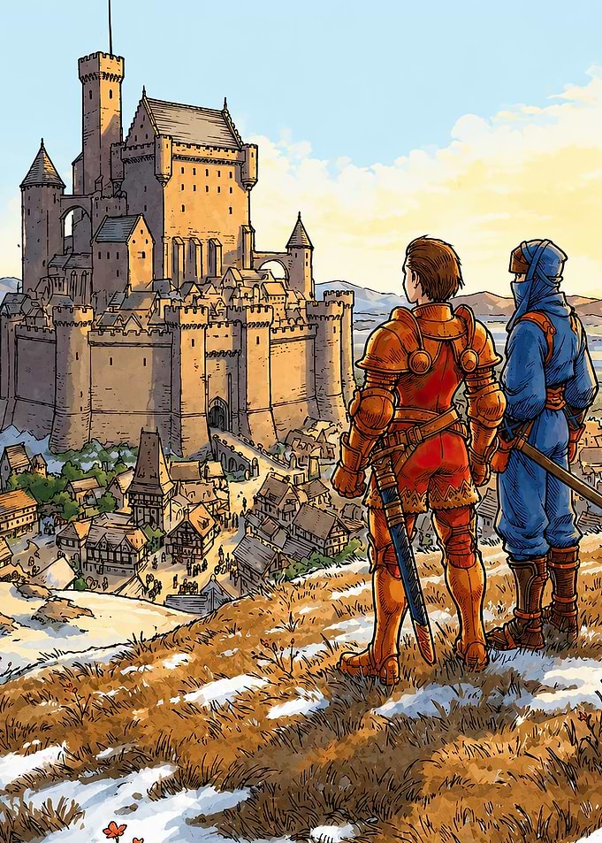 Knight and Ninja Overlooking Castle