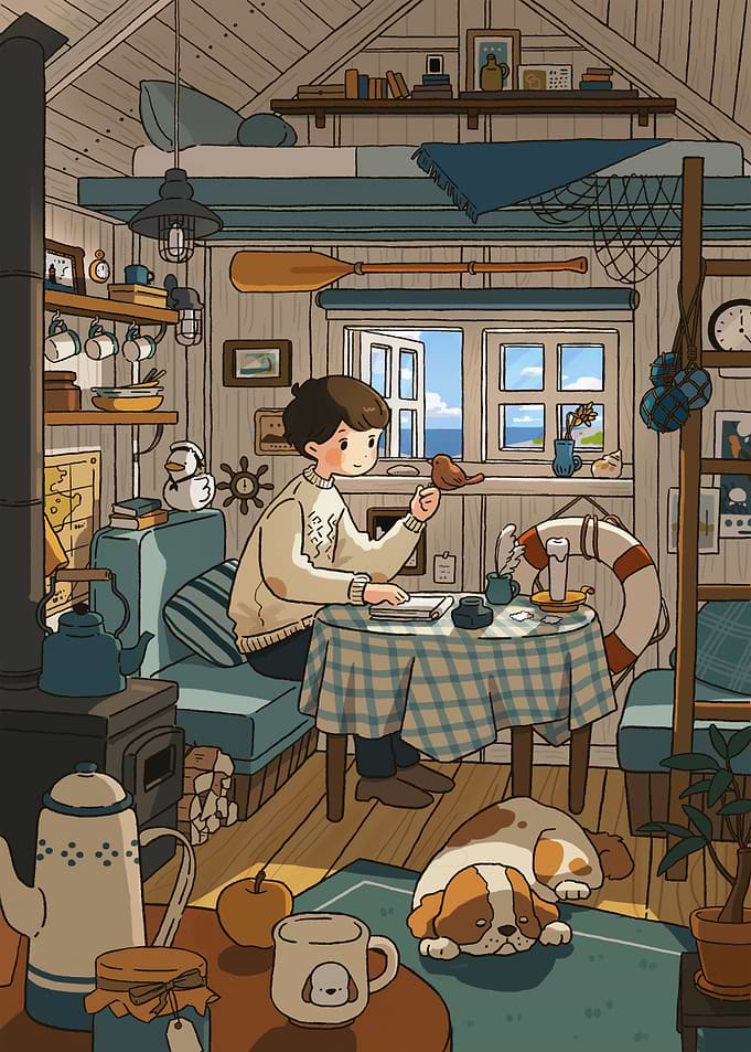 Cozy Cabin Scene with Boy and Dog