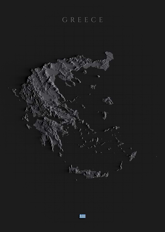 Greece Topographic Map - Dark Shaded Relief, 3D Elevation Poster