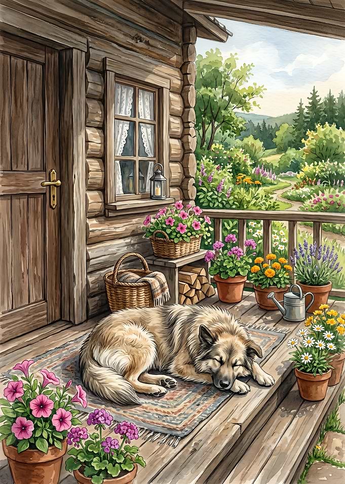 Dog Sleeping on Rustic Porch