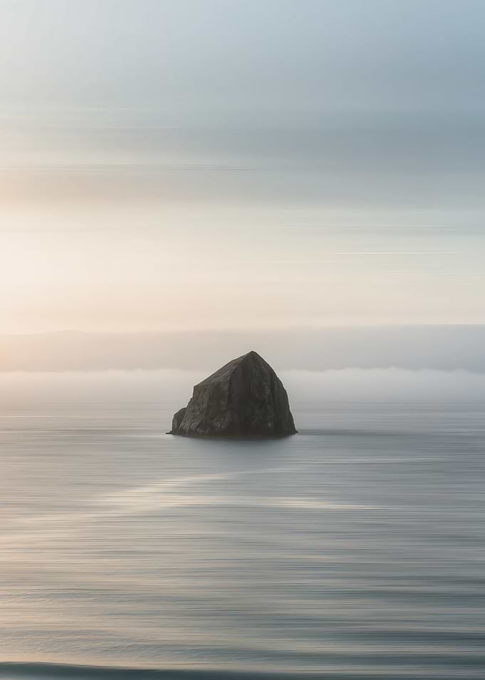 Minimalist Sea Stack in Misty Ocean, Calm Coastal Wall Art