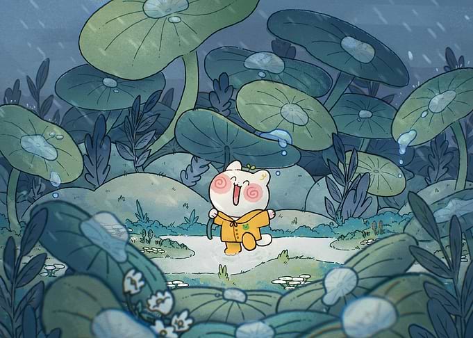 Cute Cat Playing in the Rain