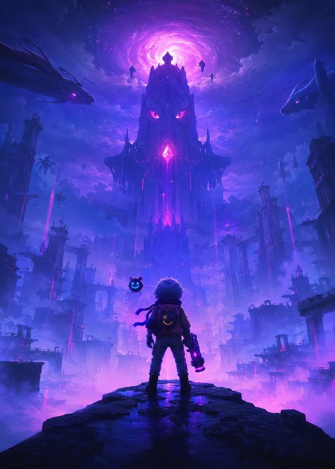 Young Adventurer in Neon Abyss Fantasy World