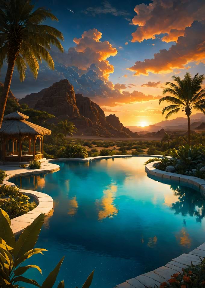Scenery Tropical Sunset Oasis Pool View