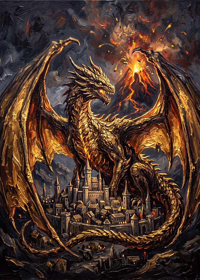 Golden Dragon Over Medieval City