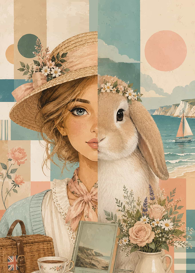 Split Portrait of Girl and Rabbit