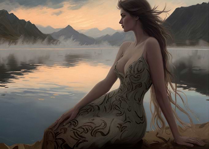 Woman by a Misty Mountain Lake