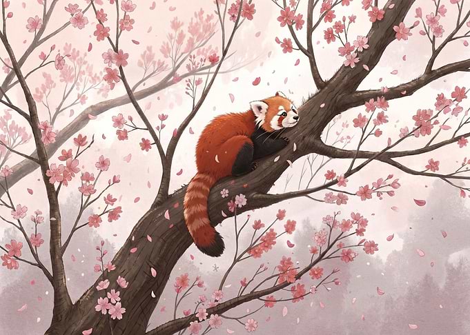 Red Panda in Cherry Blossom Tree