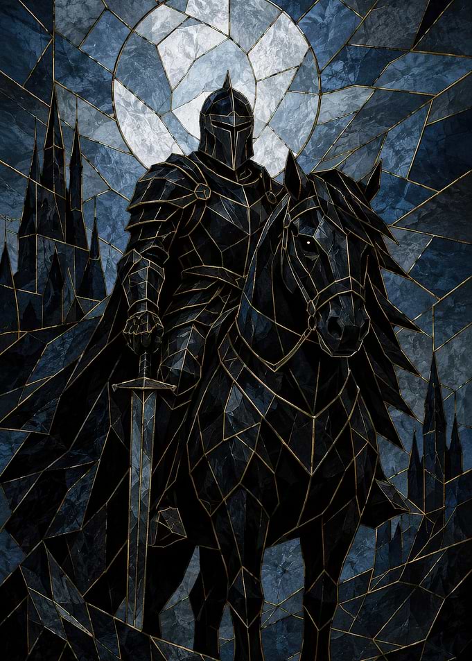 Stained Glass Dark Knight on Horseback
