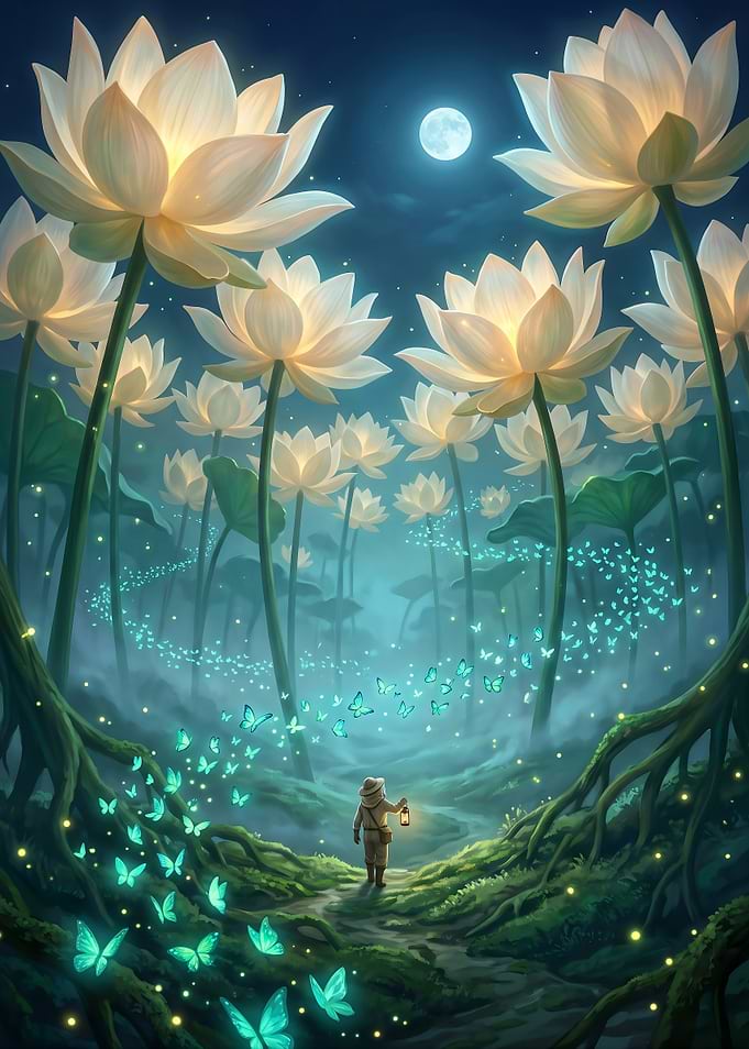 Magical Lotus Garden at Night