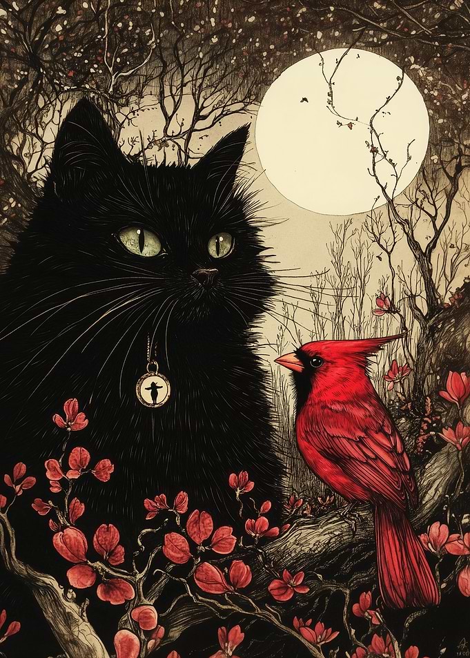 Black Cat and Cardinal Bird Under Moon