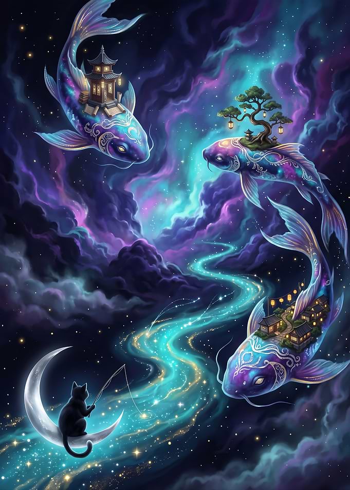 Celestial Koi Fish and Moon Cat