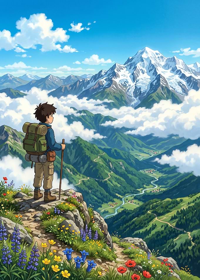 Anime Hiker Overlooking Alpine Valley