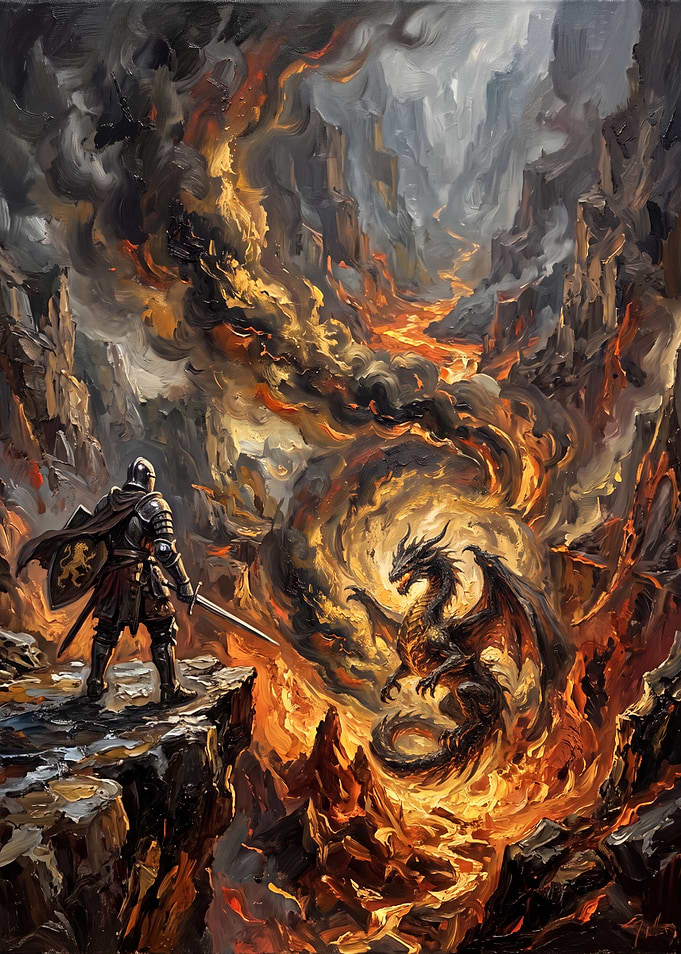 Knight Confronting Dragon in Volcanic Abyss
