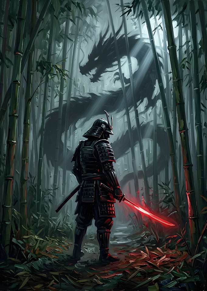 Samurai Facing a Shadow Dragon