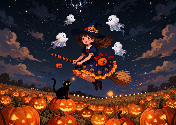 Cute Witch Flying Over Pumpkin Patch