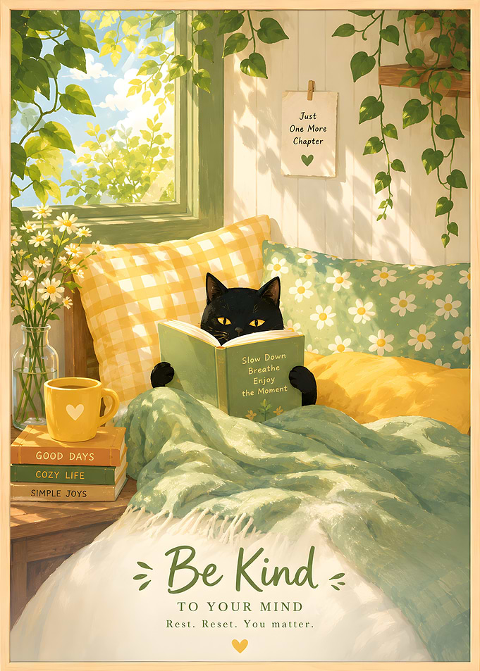 Black Cat Wall Art, Cosy Bedroom Poster, Book Lover Cat