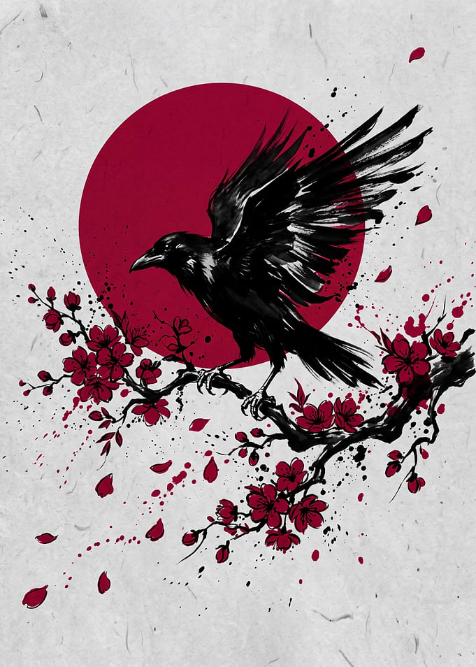 Raven on Cherry Blossom Branch